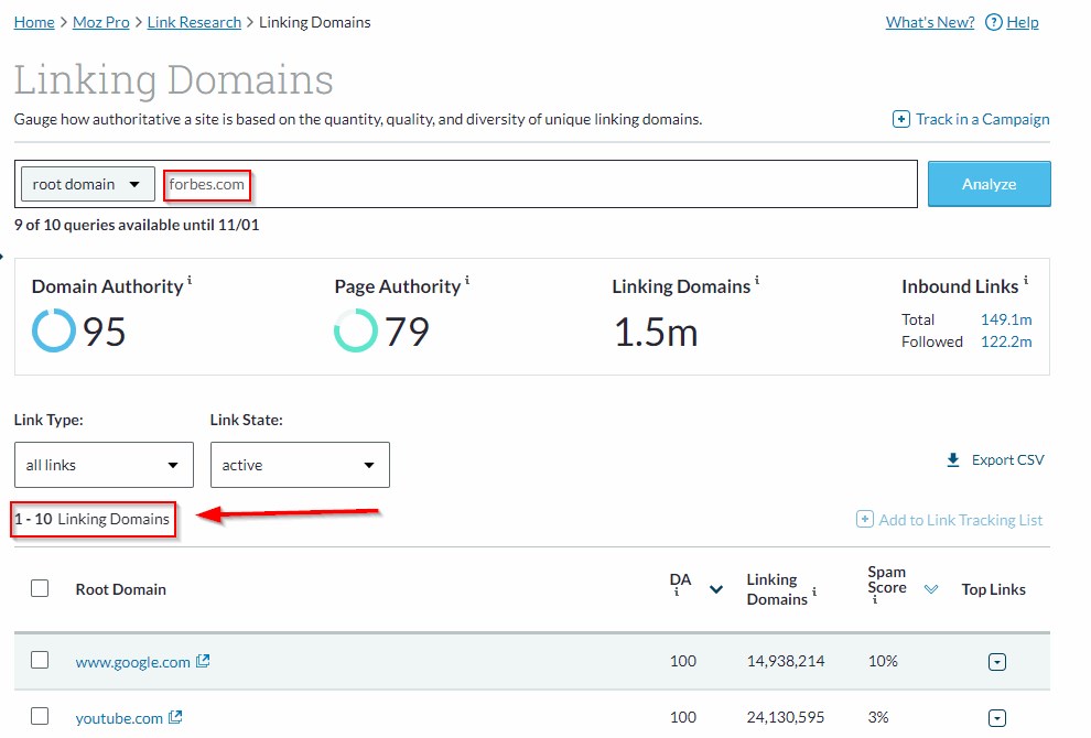 linking domains in moz